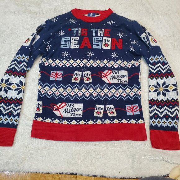 Miller Lite Navy Blue Holiday Christmas Ugly Sweater Nordic Folk Knit Men Medium - Picture 1 of 8